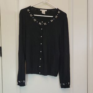 Womem XL Black Knit Cardigan with Pearl Accents By ICE VINTAGE